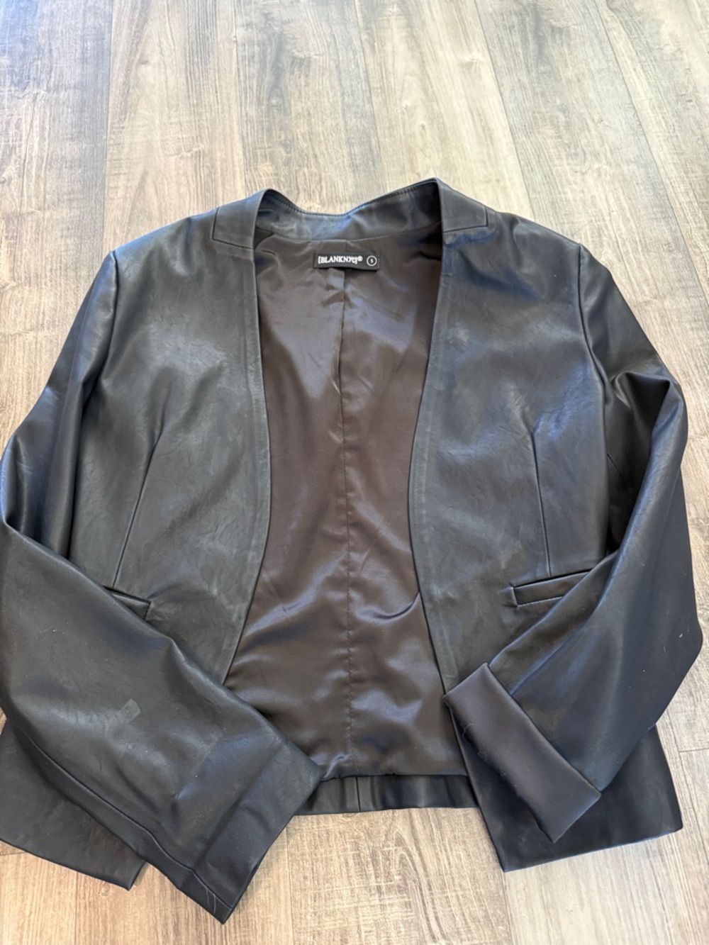Blank NYC Black Faux Leather Open-Front Blazer small